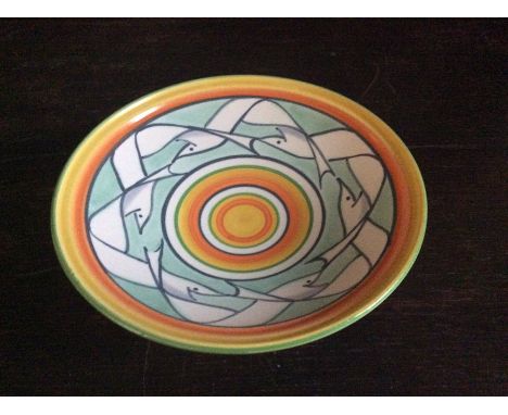 A Poole Studio Pottery footed dish, hand painted  in an abstract fashion, with seagulls in flight, 17cm diameter.Condition : 