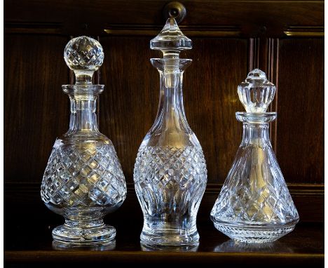 3 late 20th century Irish Waterford cut crystal glass decanters. Including “Colleen” pattern brandy decanter, “Colleen” patte