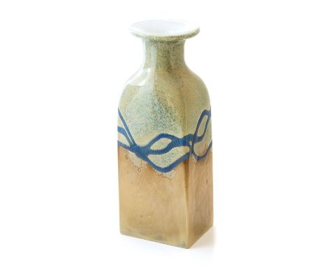 A late 20th century Caithness vase with cream ground and green mottled pattern, blue swirl detail, with sticker (26cms high a