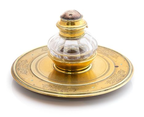 A late 19th Century brass ink stand with cut glass inkwell, metal lid, approx 19cms diameter