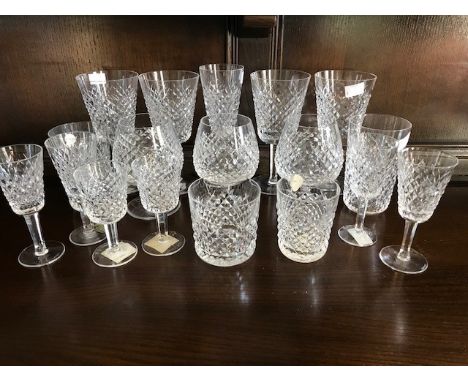 A group of late 20th century Irish Waterford cut crystal glasses in "Alana" pattern. Various types including wine, brandy and