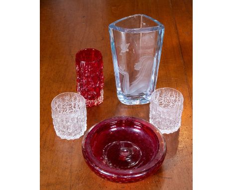 A Whitefriars ruby glass bark textured cylinder vase, designed by Geoffrey Baxter, a similar pair of beakers, a ruby bowl wit