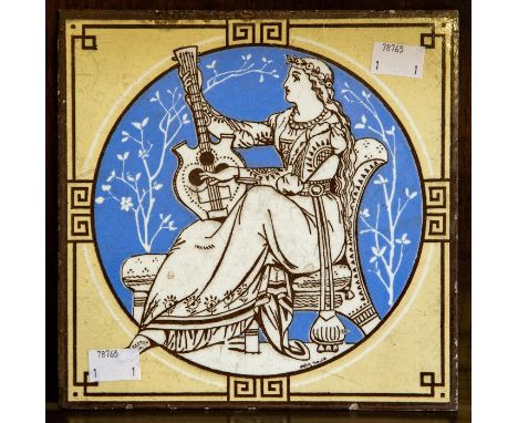 Minton ceramic floor tile, of Art Nouveau style lady with Lyre