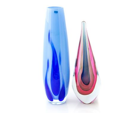 A late 20th century Caithness vase, 32cm high, pale blue ground and dark blue detail and glass sculpture, 28cm, unsigned.Cond