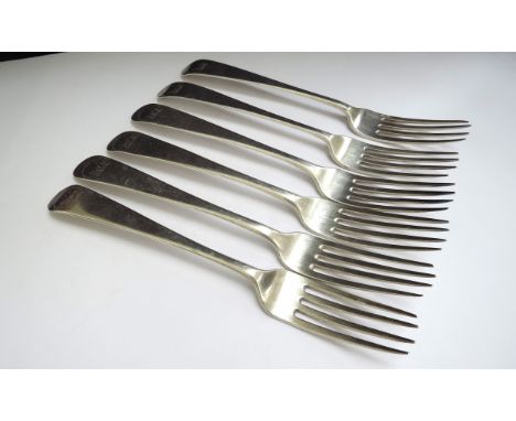 A set of six William Marshall Georgian silver forks, Edinburgh 1801 and 1802, 394g 