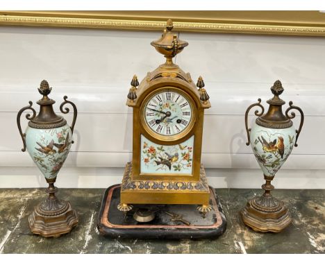 A Waterhouse &amp; Co brass and enamel French clock garniture with bird detail, back open, 37cm x 18cm 