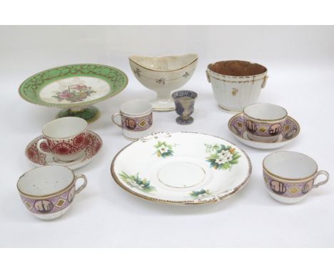 Mixed 19th Century ceramics including staple repaired Derby pot, teacups and saucers, Spode egg cup, Booths, etc (12) 