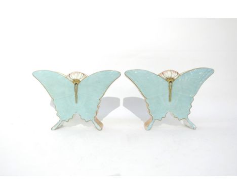 A pair of Victorian ceramic butterfly vases with lozenge date mark.  One with hairline crack, 13cm x 19.5cm 