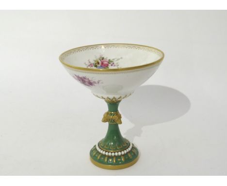 A Royal Worcester sweetheart pedestal bowl with handpainted floral sprays.  The stem with high relief dogs heads, beaded foot