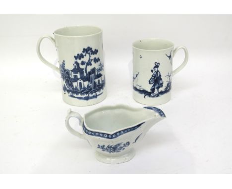 Two Worcester crescent moon tankards; 'Walk in the Garden' pattern circa 1760, 'Pagoda' pattern with staple repair. Also a cr