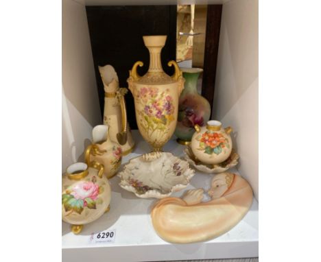 Eight pieces of Royal Worcester including a pair of squat vases, shell form dish etc and an unmarked bust of Madonna 