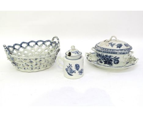 A circa 1770 Worcester crescent moon pierced chestnut basket with 'cone' pattern, together with a mustard pot having three fl