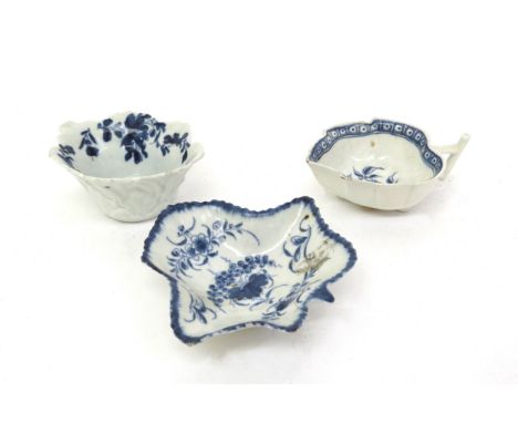 Three Worcester dishes, two crescent moon including 'Pickle Leaf pattern' circa 1765, one 'Flower pattern' with chinoiserie h