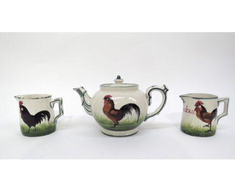 Wemyss ware teapot and jug both marked T Goode &amp; Co South Audley and similar jug unmarked with cockerel pattern (3) 