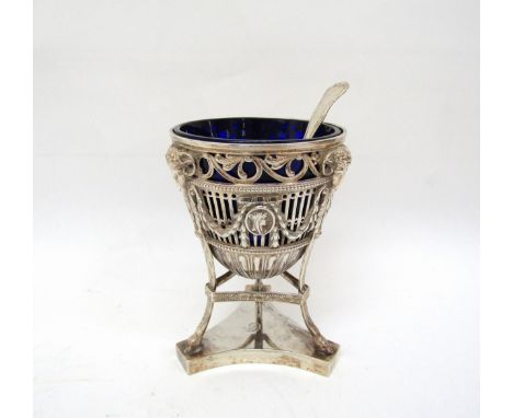 A Victorian Samuel Whitford pieced sugar basket with Rams head and Swag decoration on tripod feet, the base monogrammed D, bl