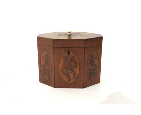 A 19th Century mixed wood octagonal tea caddy with velvet lined interior.  The top and three front panels inlaid with marquet