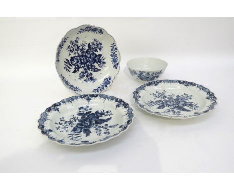 Four pieces of Worcester, some with crescent moon mark; two 'Pine Cone' pattern plates circa 1775; 'Pine Cone' cress dish cir
