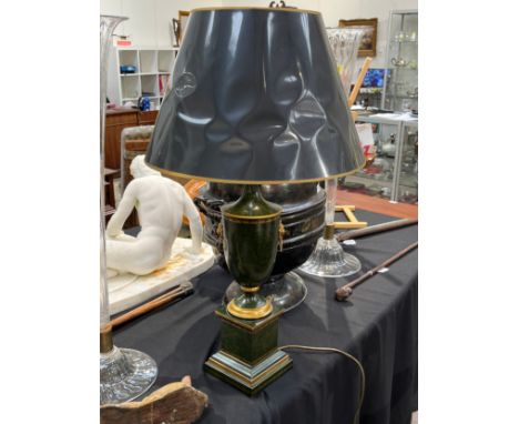 A painted metal regency style base form lamp with shade, 82cm tall 