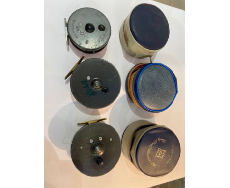 Three vintage Hardy Brothers reels, two Marquis Salmon No.2 and a Marquis 8/9 