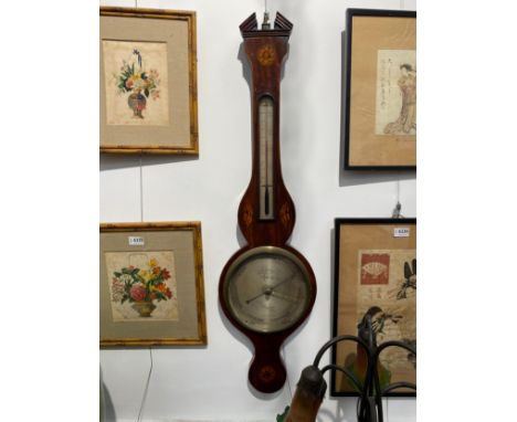 A 19th Century J.M. Ronketti of Bloomsbury wall barometer, two dials, satinwood shell marquetry and stringing, 99cm tall 