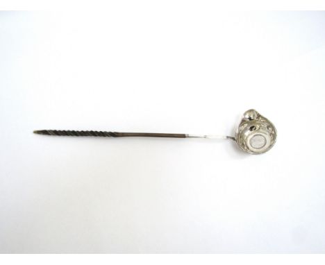 A Georgian silver punch/toddy ladle set with George III coin, monogram to side dents present, 36cm long 