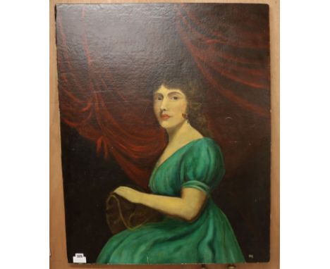 English School, oil on canvas, portrait of a lady wearing a green dress 96 x 75cm, unframed