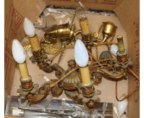A 20th century ormolu five light electrolier, a pair of wall lights and sundries