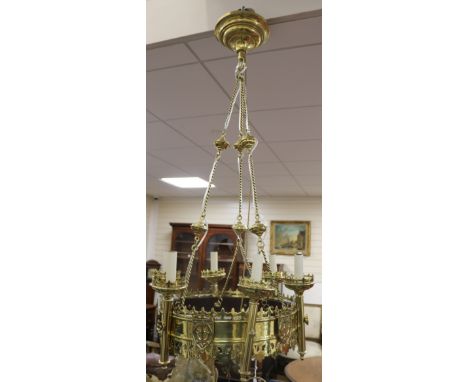 A Gothic revival brass light fitting drop 115cm