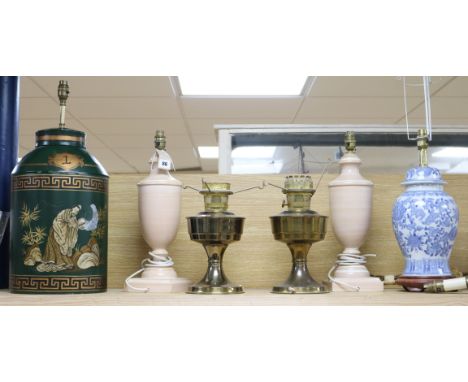 Six assorted table lamps and a wall light