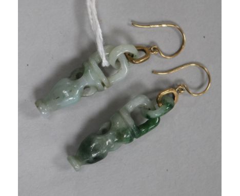 A pair of 9ct gold and jade drop earrings, modelled as hanging flower baskets, basket 30mm.