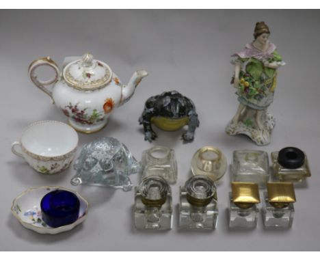 A group of assorted glass inkwells, a Dresden porcelain teapot and sundries