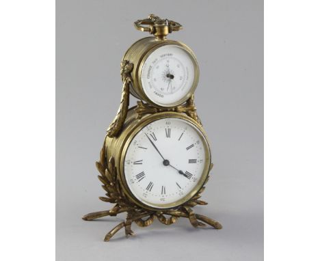 A late 19th century French brass compendium, the 3.25 inch Roman and Arabic dial with single train timepiece movement, mounte