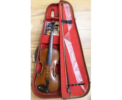 A cased violin bearing the name Joseph Klotz, with bow