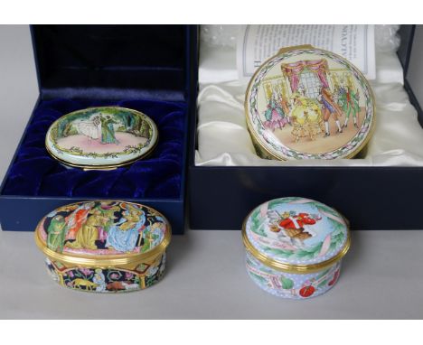 Four Halcyon Days enamel musical bonbonnieres; Santa Baby, Silent Night, Midsummer Night's Dream 69/750 and Invitation to Dan