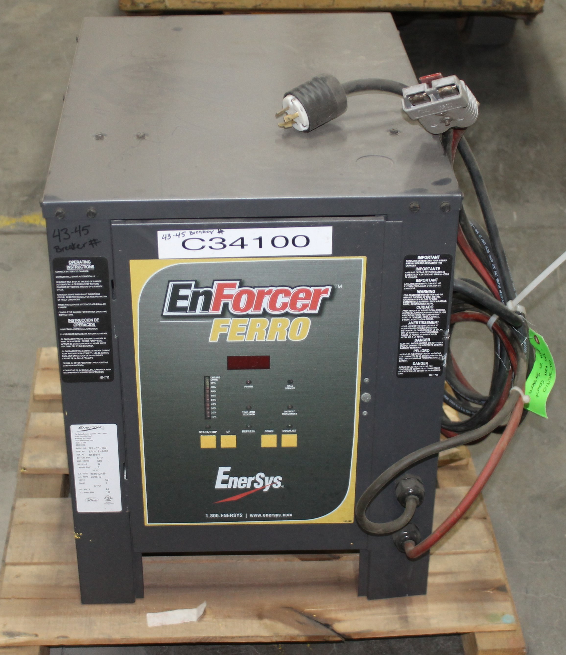 ENERSYS 24 VOLTS ELECTRIC FORKLIFT BATTERY CHARGER MODEL EF112680 MAX AMPS 122 208/240/480 VOL