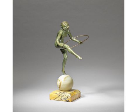 Aurore OnuHoop dancer, circa 1925Cold-painted bronze, onyx ball with hole for electrical cable, marble plinth.46.5 cm highFoo