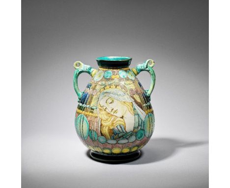 Cassandra Annie Walker for Della Robbia'Cantagali shape' twin-handled vase, dated 1903Terracotta, slip and sgraffito decorate