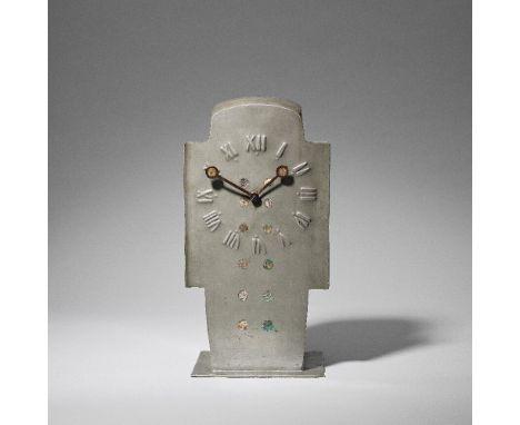 Archibald Knox'Tudric' mantel clock, model 097, circa 1902Pewter, abalone.37 x 19 x 14 cmMade for Liberty & Co., stamped 'TUD