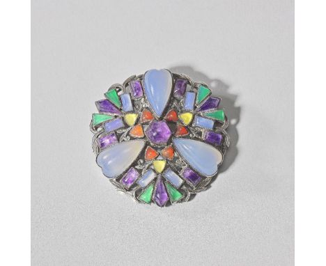 Sibyl DunlopBrooch set with semi-precious stones, dated 1965Circular silver form, set with a repeating pattern of three heart