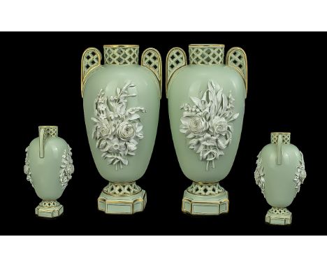 Brown Westhead and Moore Pair of Stunning Mid 19th Century Reticulated Twin Handle Vases, The Vases Decorated with Encrusted 