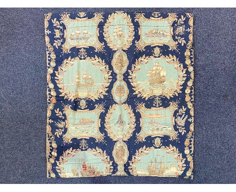 Cunard Liner Bed/Sofa Throw, blue patterned fabric representing British Naval History from 1515.  Designed by Turnbull and St