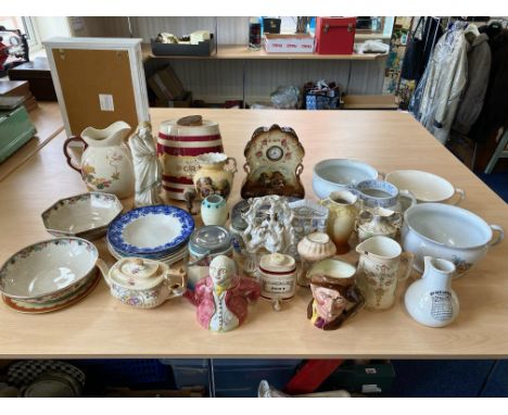 A Collection of Pottery, to include large Port Ceramic Decanter, small  Port Ceramic Decanter, Character jugs, Greek figures,