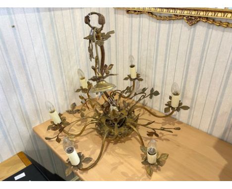 Gilt Brass Light Fitting, six branch chandelier design, leaf decoration, candle lights.  Circa 1930/1940s.  Approx. 28" wide,