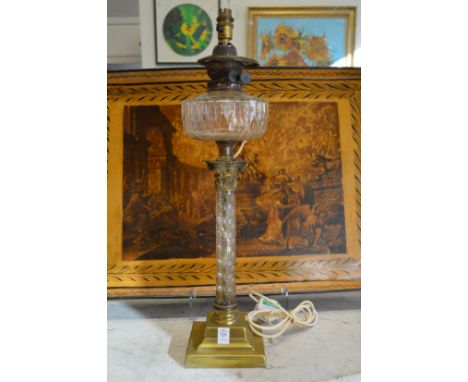 A good cut glass and brass Corinthian column style oil lamp converted to electricity.