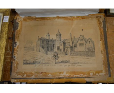 A unframed print of a gentleman outside a large house (AF).