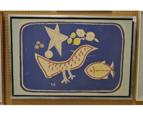 An abstract print of a bird and fish.