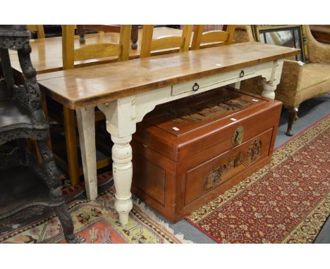 An oak and part painted single drawer console table.