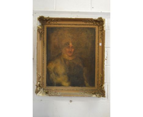 19th Century English School, a portrait of a lady wearing a shawl in a large decorative gilt frame (faults).