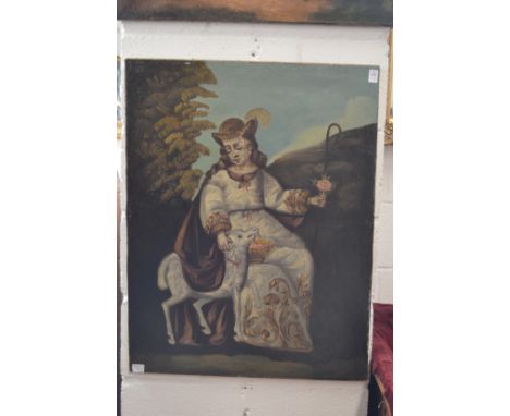 A portrait of a saint seated by a dog, oil on canvas, unframed.