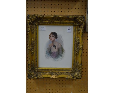 A bust length portrait of a young lady holding a mask colour print in a decorative gilt frame.